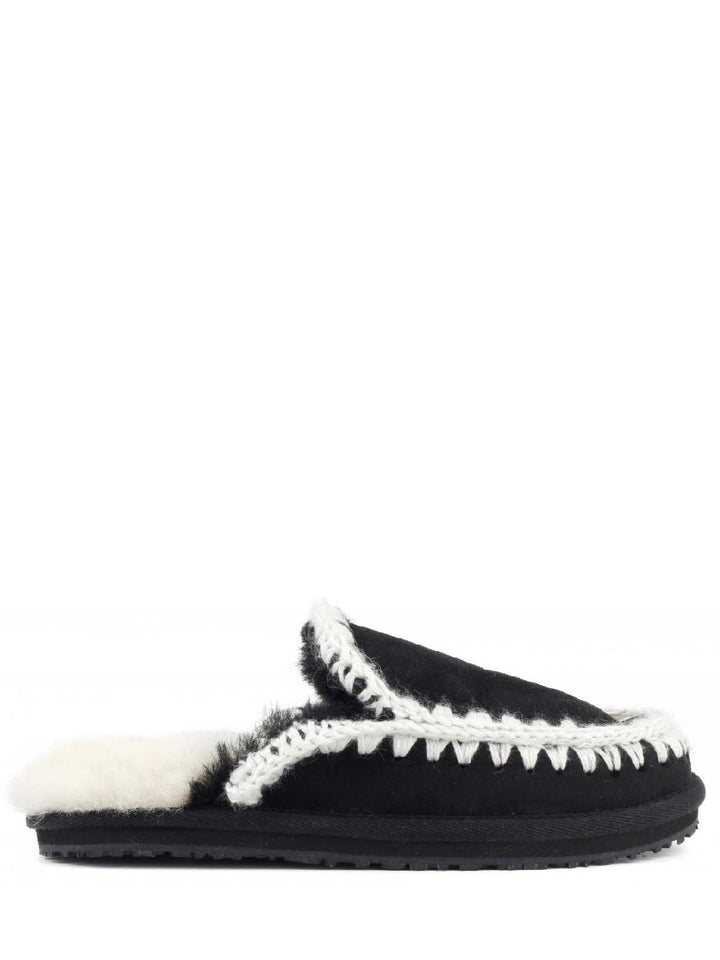 Mou Ciabatta Donna Suede Slipper Full Eskimo Stitch Nero