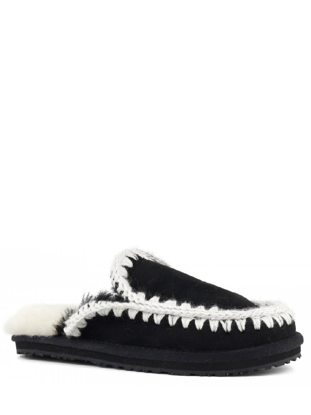 Mou Ciabatta Donna Suede Slipper Full Eskimo Stitch Nero